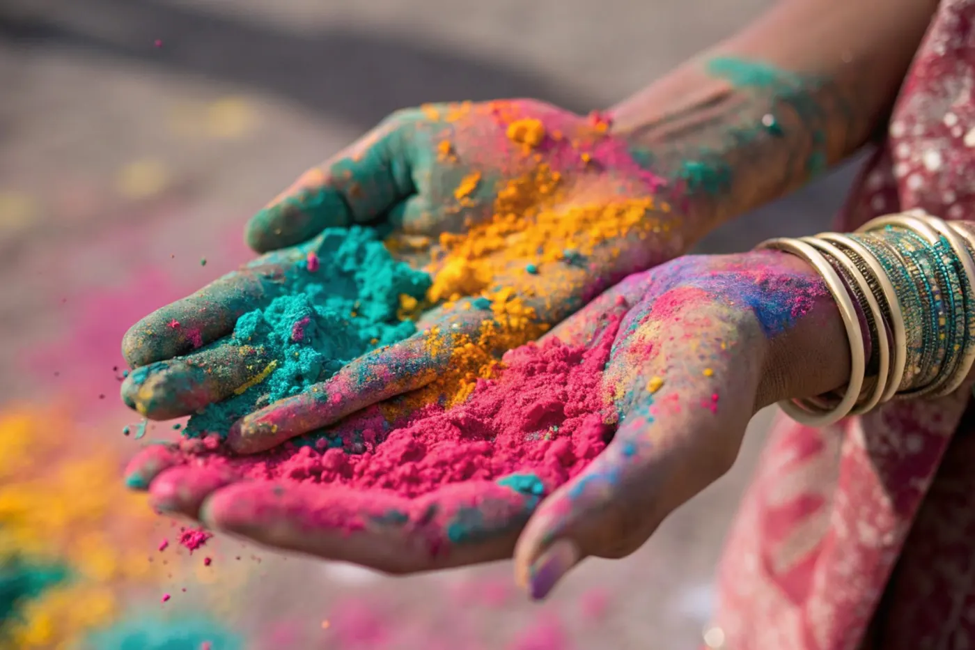 Hands holding bright pigment powders
